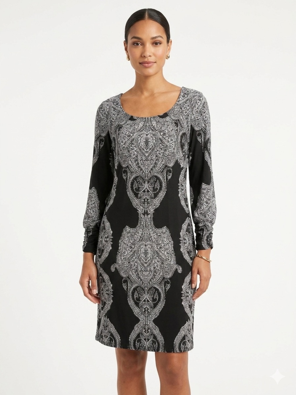 INC International Concepts Black & White Paisley-Print Long Sleeve Dress Large